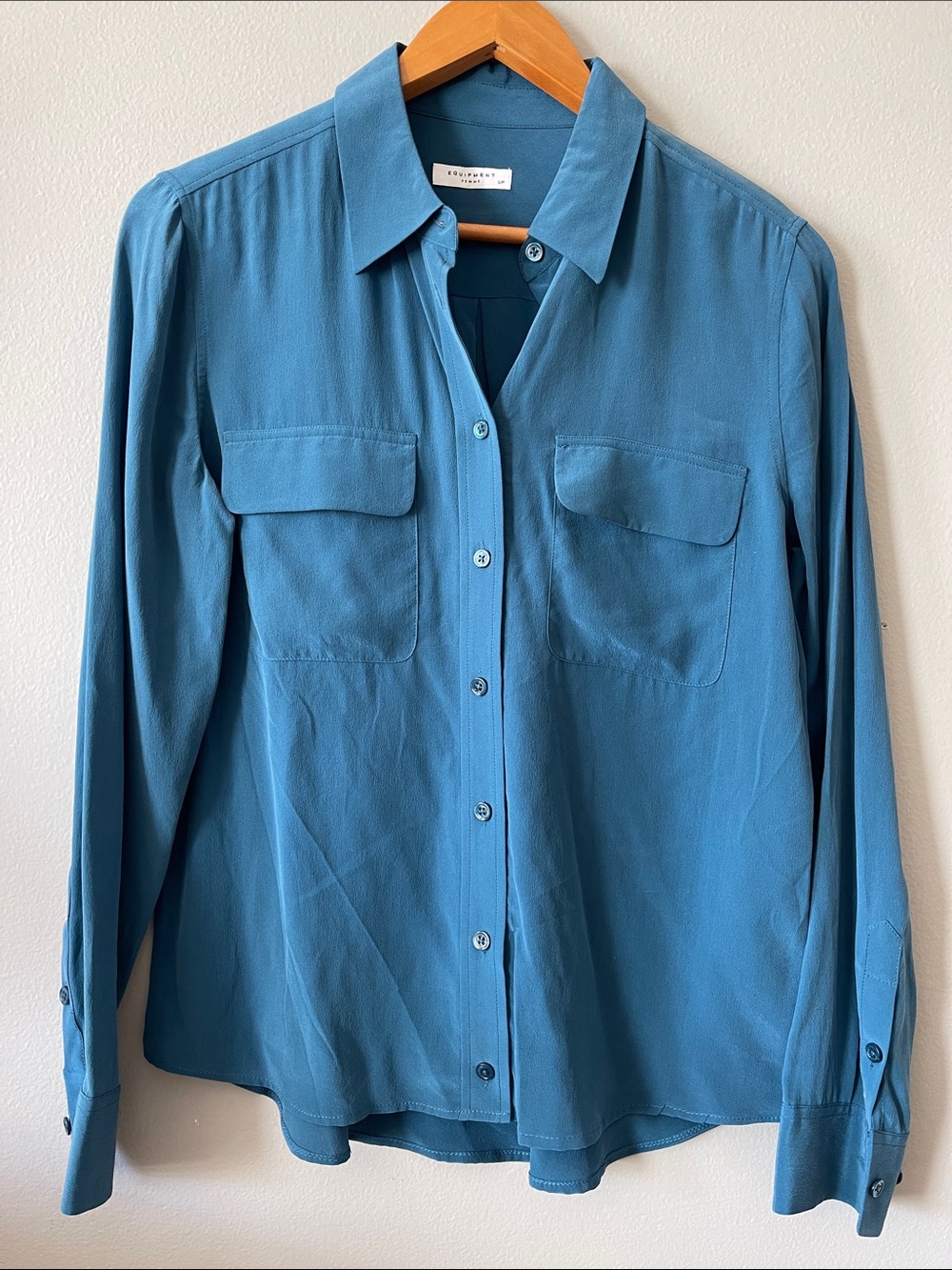 Equipment Teal-Blue Silk Button-Down Shirt with Front Pockets